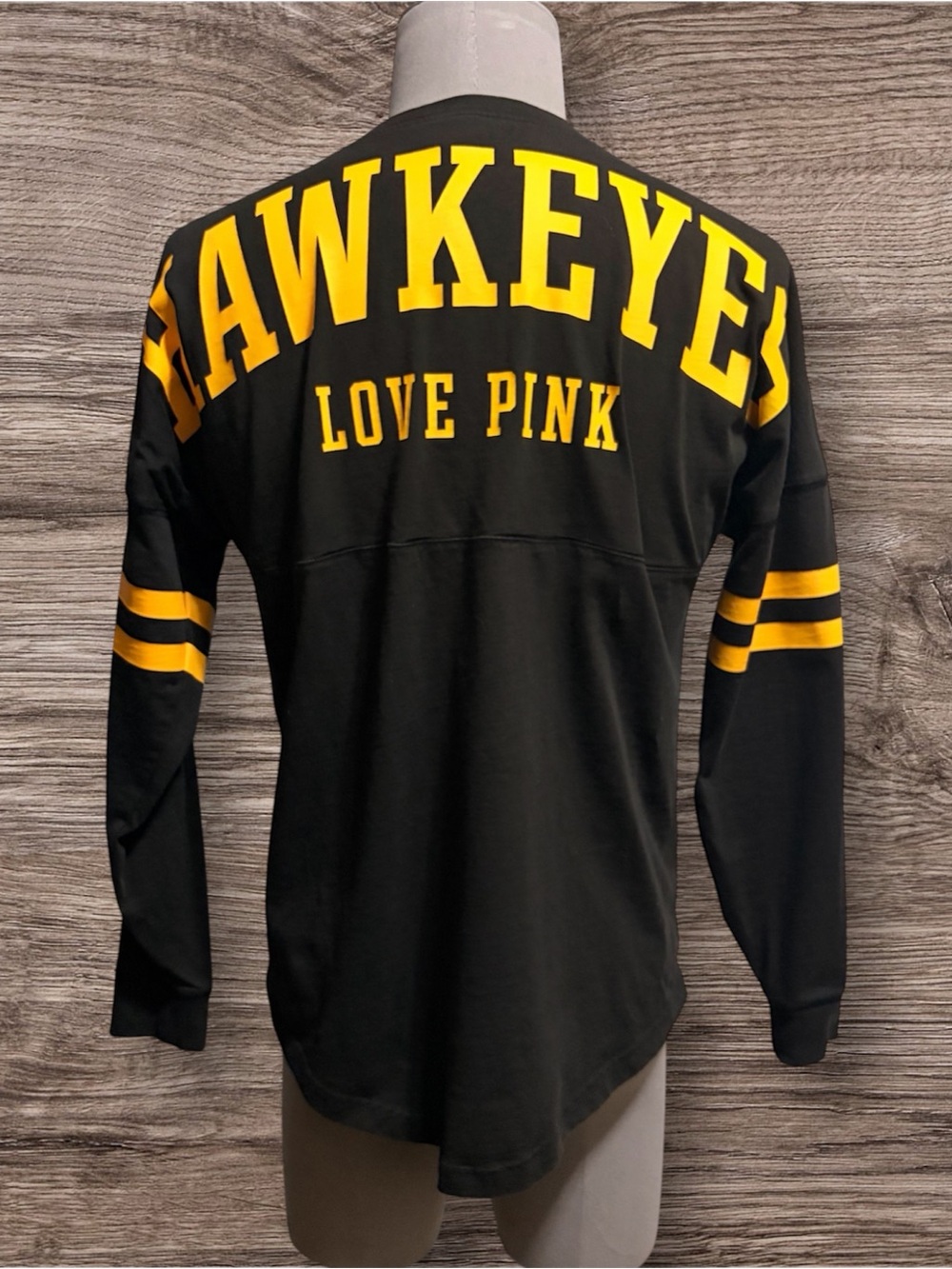PINK Victoria's Secret Black Long-Sleeve 'HAWKEYES' Tee with Gold Print